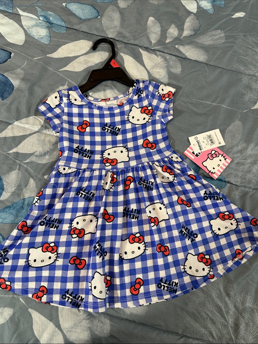 NWTS Hello Kitty Blue Gingham Dress with Red Bow Print Sz 2T